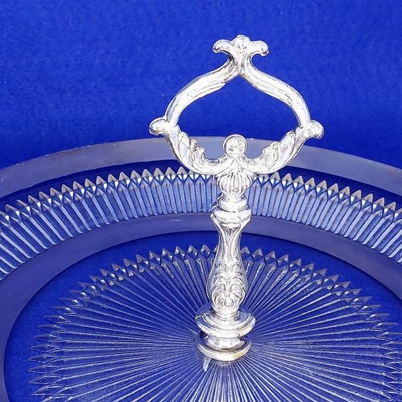 Serving Platter Glass with Silver Trim Ornate Silver Handle Vintage Glassware - Picture 4 of 11
